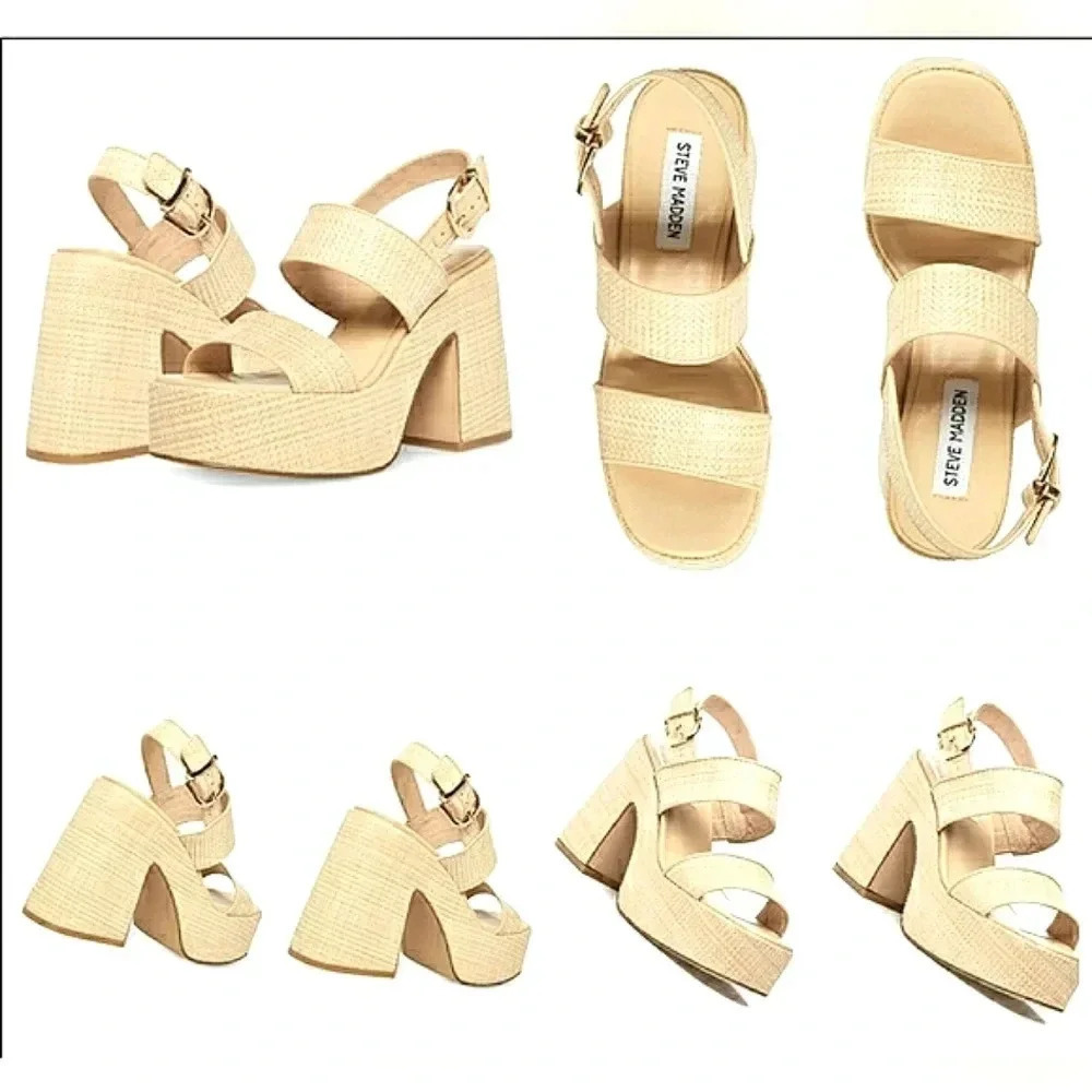 Chunky Platform Sandals 10 Retro Boho Whimsical Natural Raffia  New